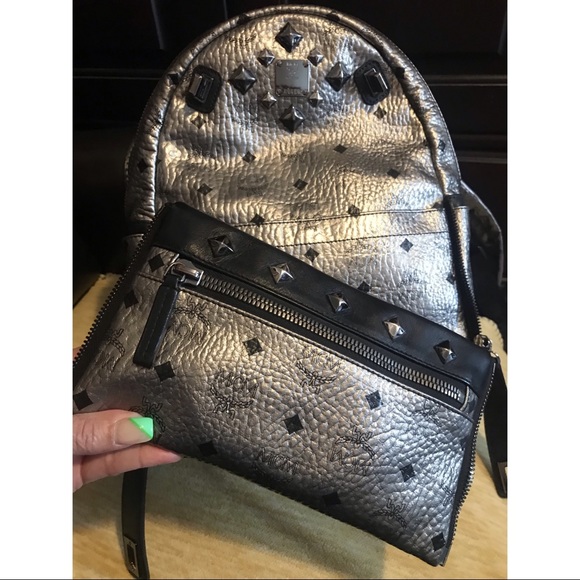 MCM Studded Stark Silver Metallic Backpack - Picture 7 of 12